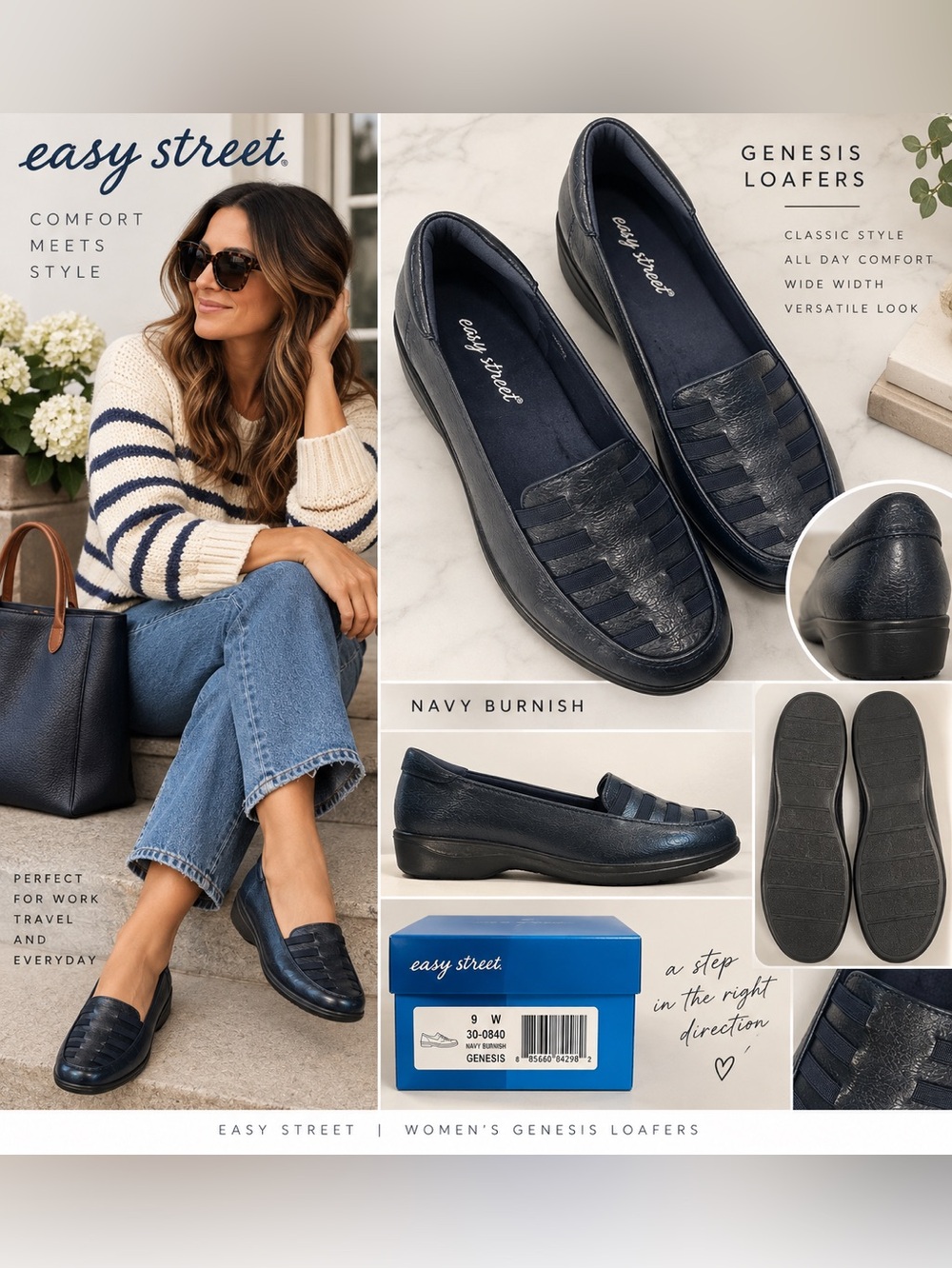 Easy Street Genesis Women’s Navy Burnish Loafers – Size 9W – Never Worn